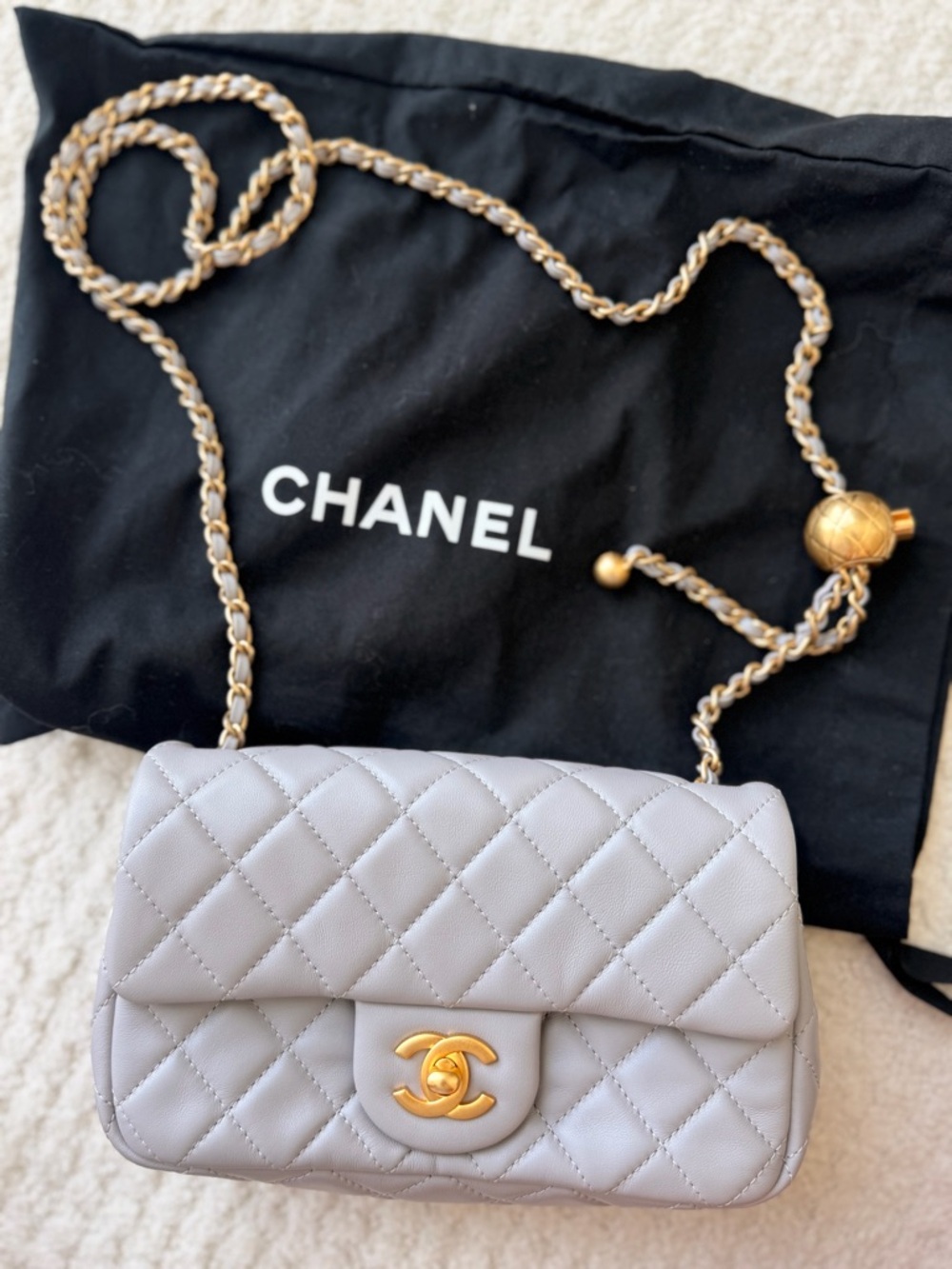 CHANEL Quilted Lambskin Crossbody Bag in Light Gray with Gold Hardware